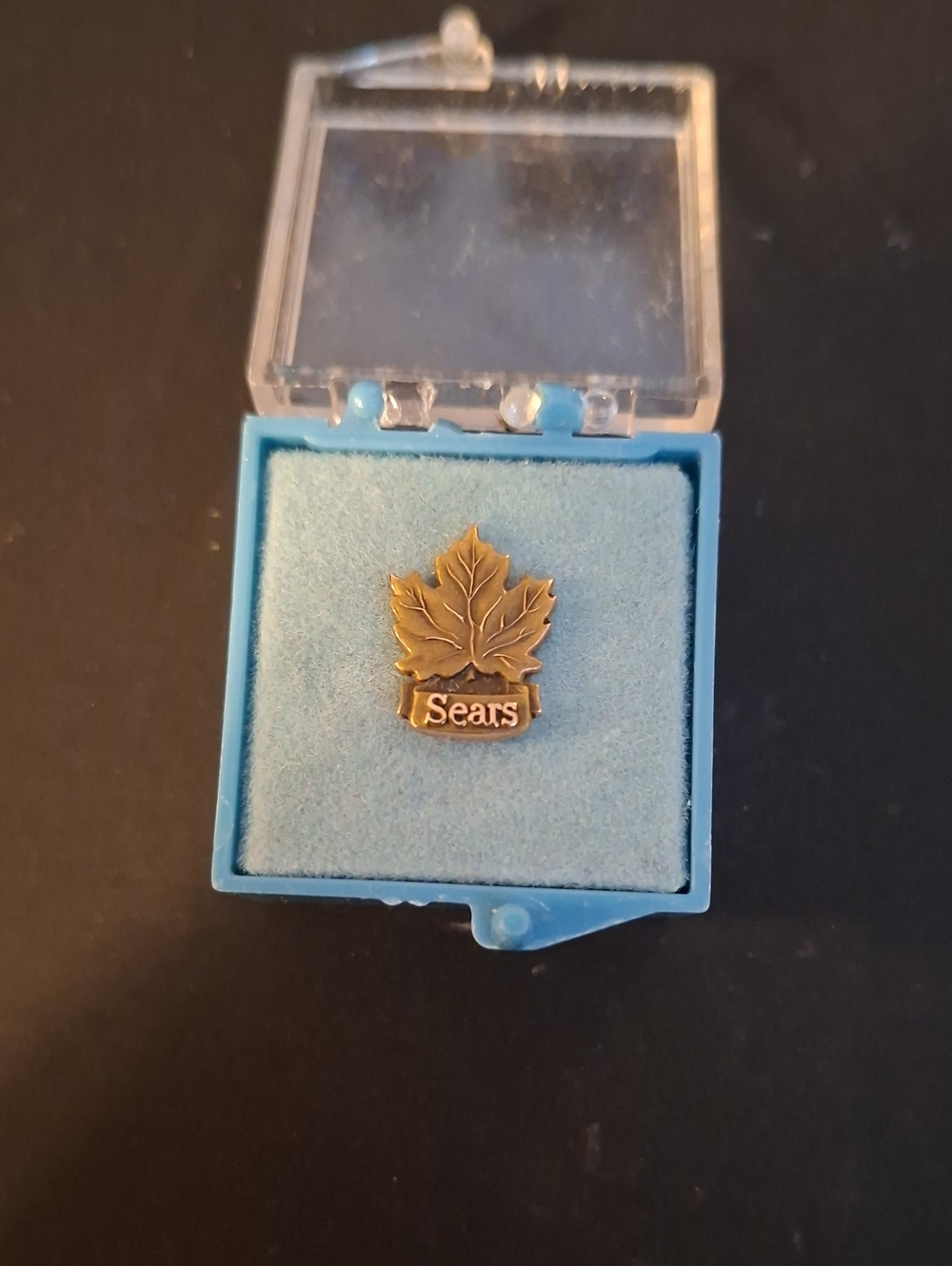 Sears 10 Kt Gold Leaf Lapel Pin, Sears on Blue Display, Original Box